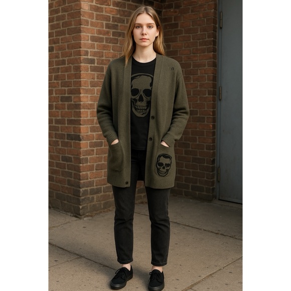 Skull Cashmere Zariah wool cashmere skull cardigan olive green small - Picture 1 of 11